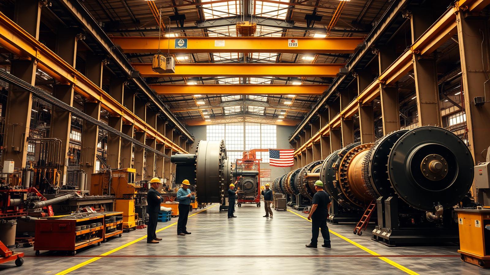 US industrial machinery manufacturing plant with overhead cranes and heavy equipment on the floor